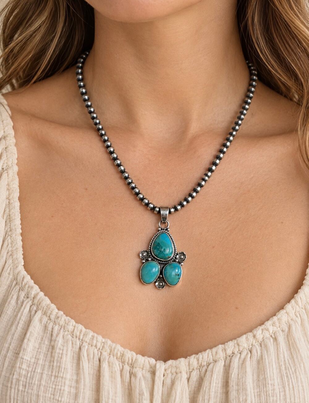 Kingman Turquoise Sterling Silver Pendant with 3mm Desert Perak Chain Necklace